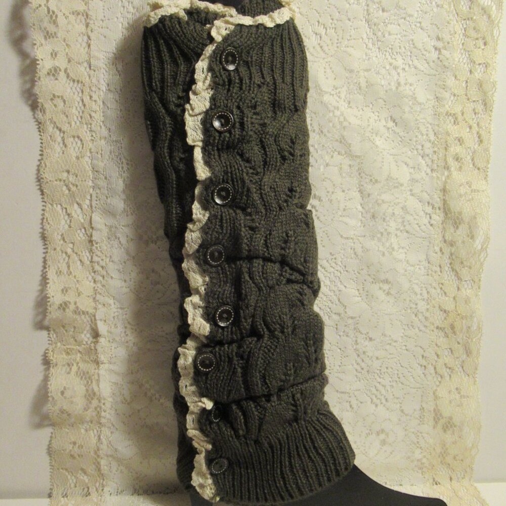 New, Green Cable Knit Leg Warmers, Ivory Lace & Button Trim Knee High Steampunk